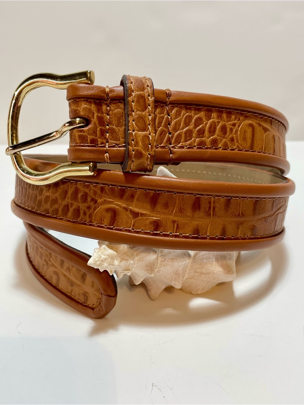 Liz Claibourne Cognac Croc-Embossed Leather Belt with Gold Buckle